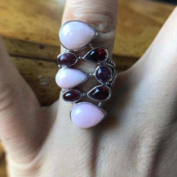 Natural Pink Opal Ruby Garnet Sterling Silver Cocktail Ring Size 7 - Picture 9 of 9